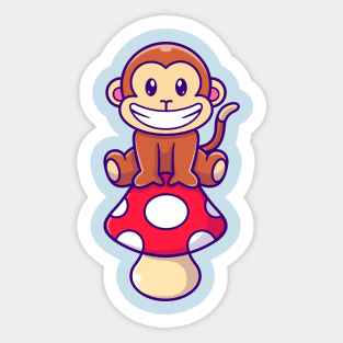 Cute Monkey Sitting On Mushroom Cartoon Sticker